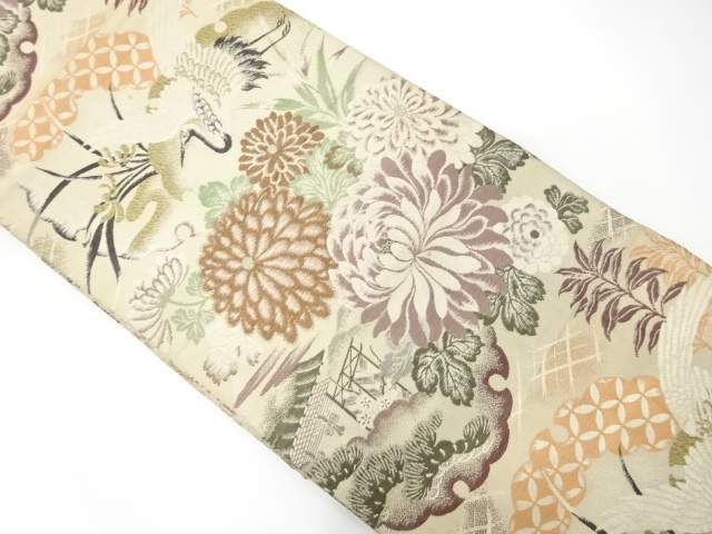 JAPANESE KIMONO / ANTIQUE MARU OBI / WOVEN CRANE & KIKU